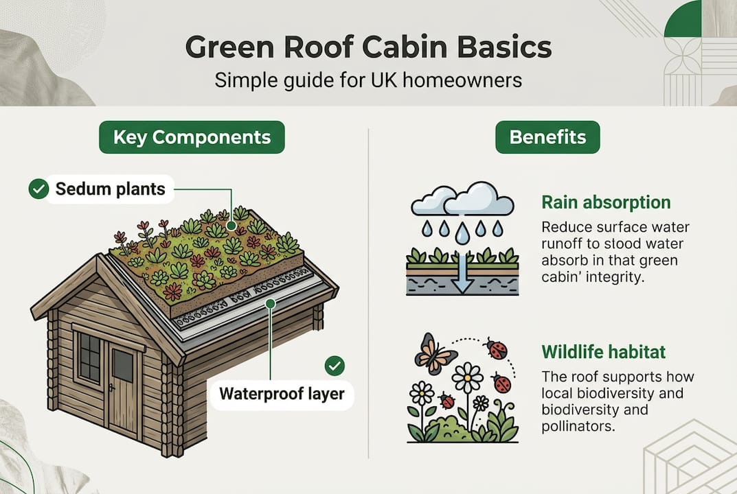 Infographic on green roof cabin features and benefits