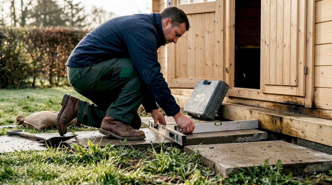 Worker checks drainage under cabin foundation