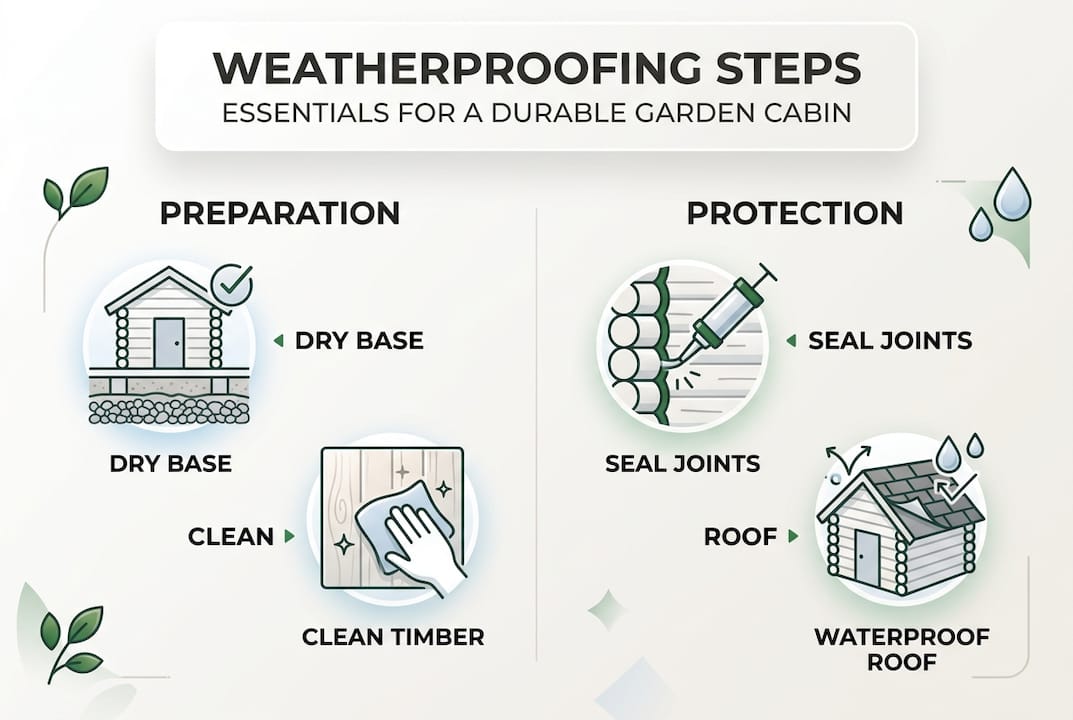Infographic of key garden cabin weatherproofing steps