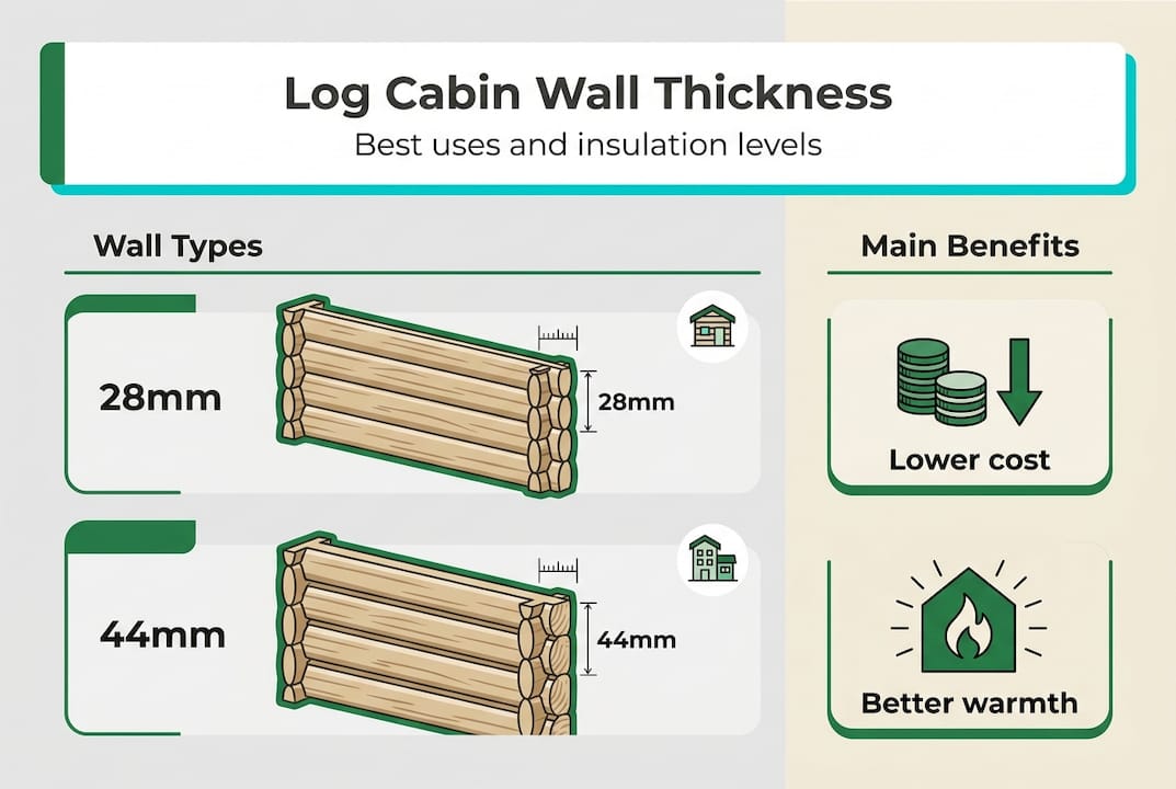 Infographic comparing UK log cabin wall thickness