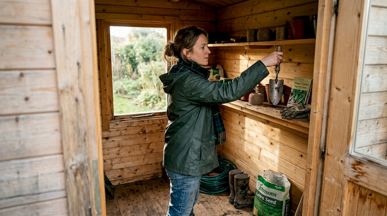 Small log cabin shed interior with tools