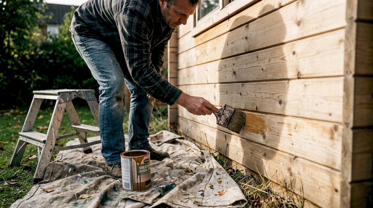 Applying protective finish to wooden cabin wall
