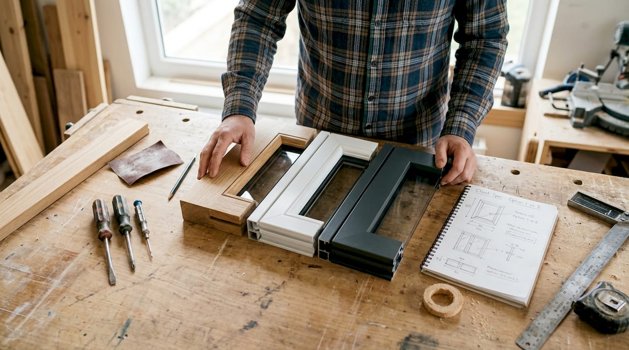 Three window frame samples and joinerโs hands