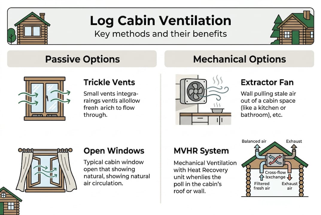 Infographic comparing log cabin ventilation methods
