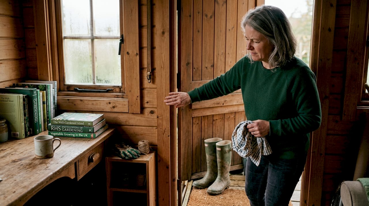 Woman checking over-sealed log cabin door