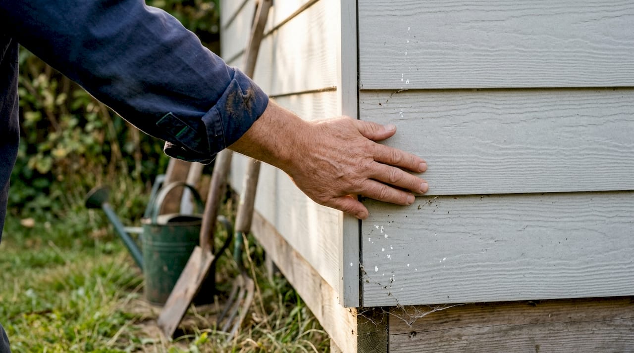 Hand touches fibre cement garden cladding