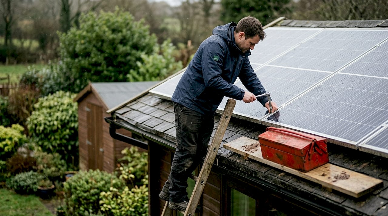 Technician fixes solar panel on cabin roof