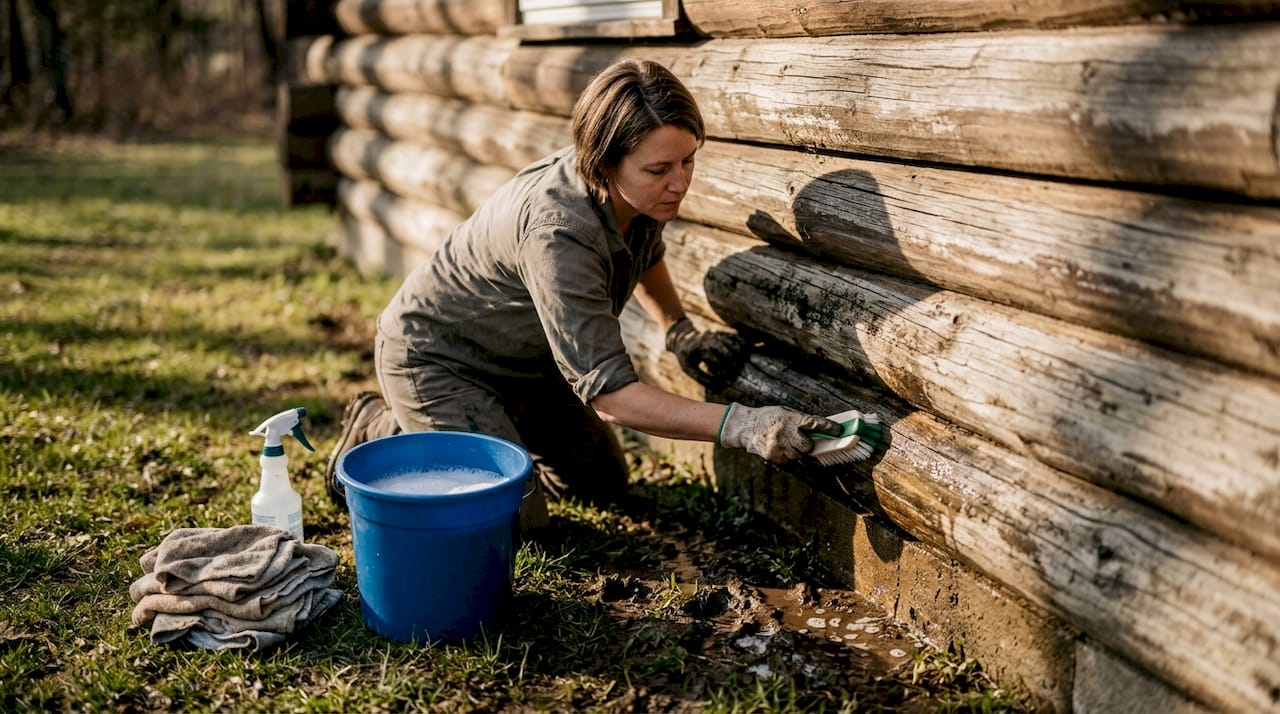 Woman scrubbing log cabin before painting