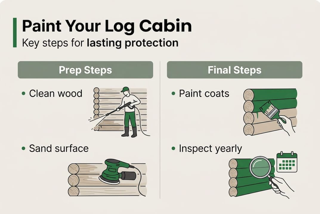 Infographic showing steps for painting a log cabin