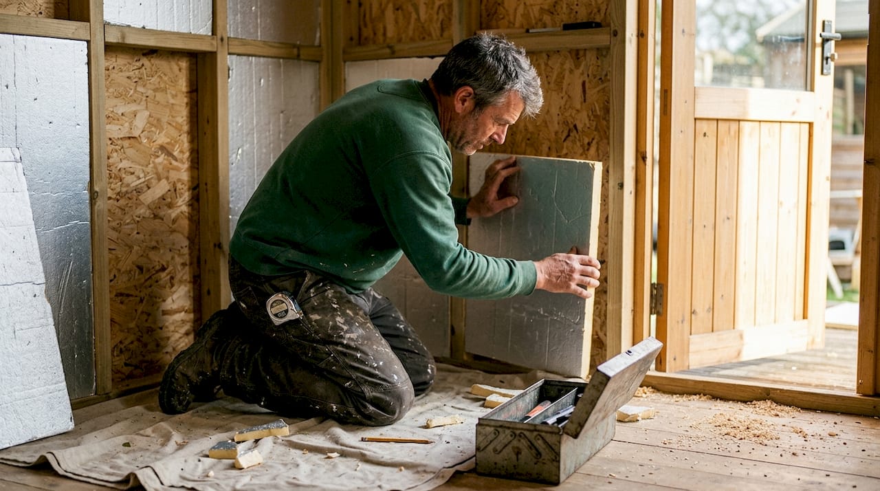Man installing insulation in garden cabin wall