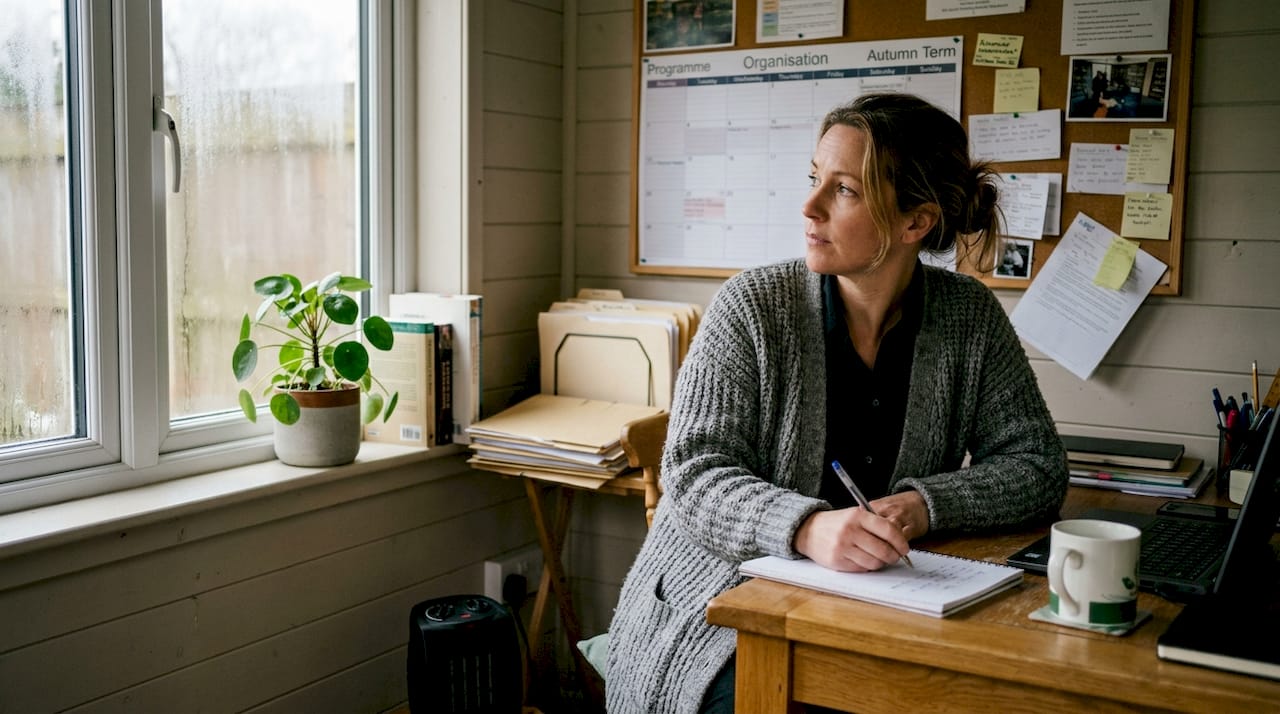 Woman writing inside insulated office shed in winter