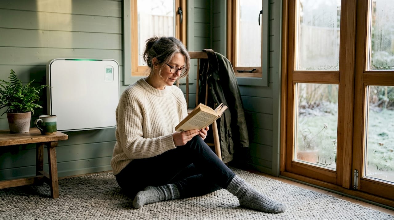 Person reading inside well-heated garden cabin