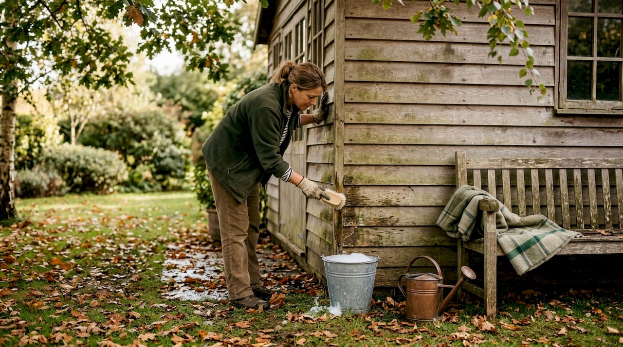 Person cleaning garden cabin wall gently