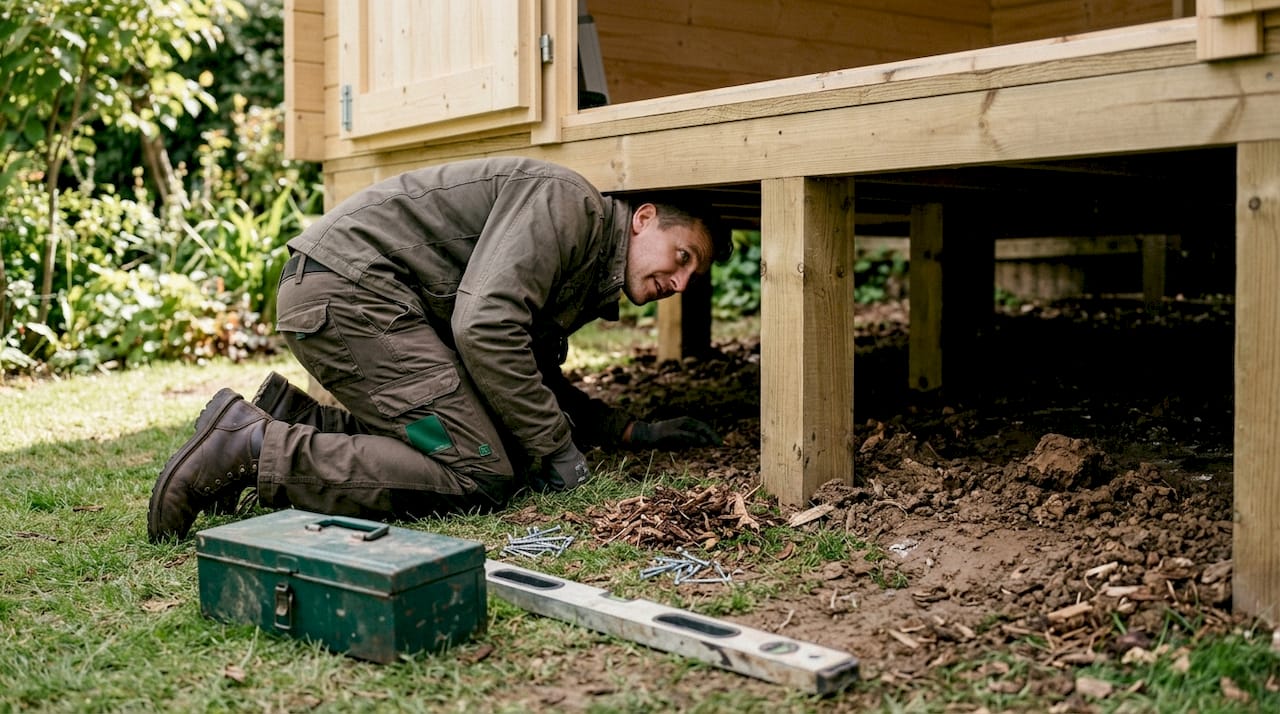 Inspection of raised timber cabin base