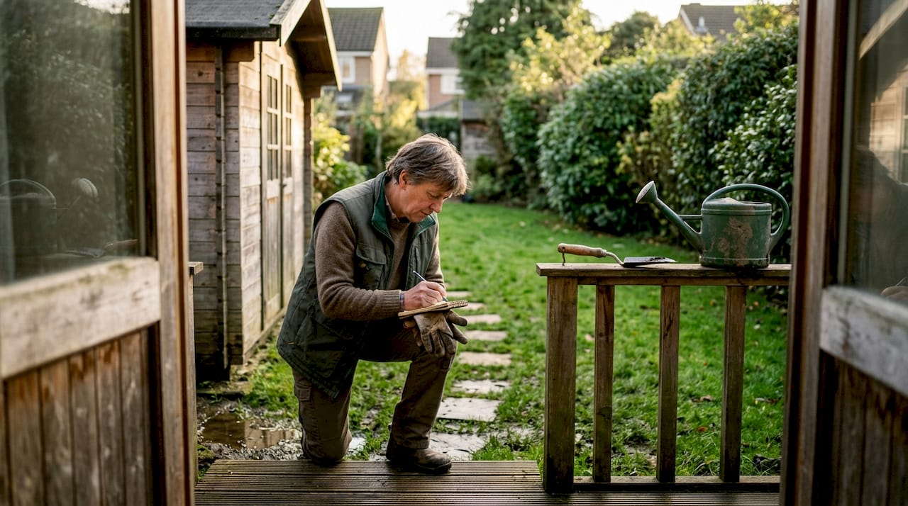 Homeowner checking waterlogged garden cabin