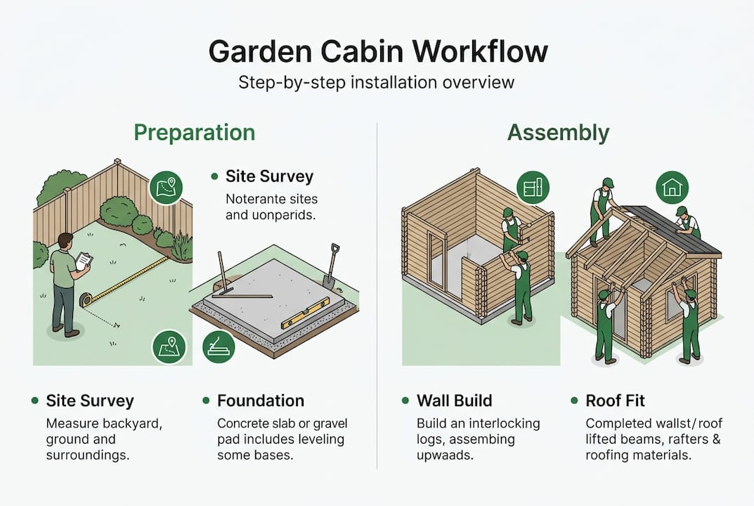 Infographic outlining garden cabin workflow steps