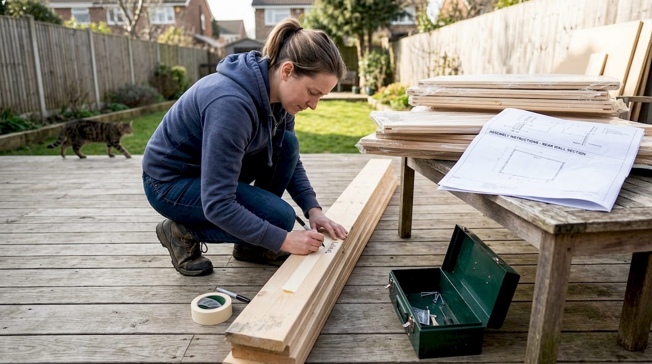 Unpacking and labeling cabin parts outdoors