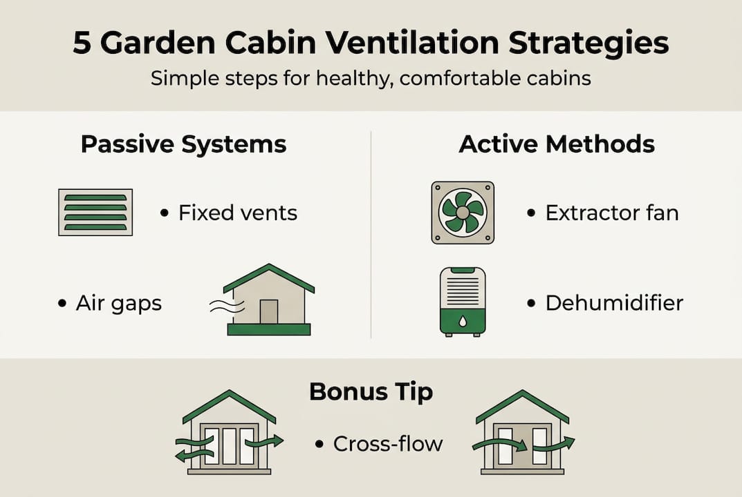 Infographic showing five garden cabin ventilation strategies