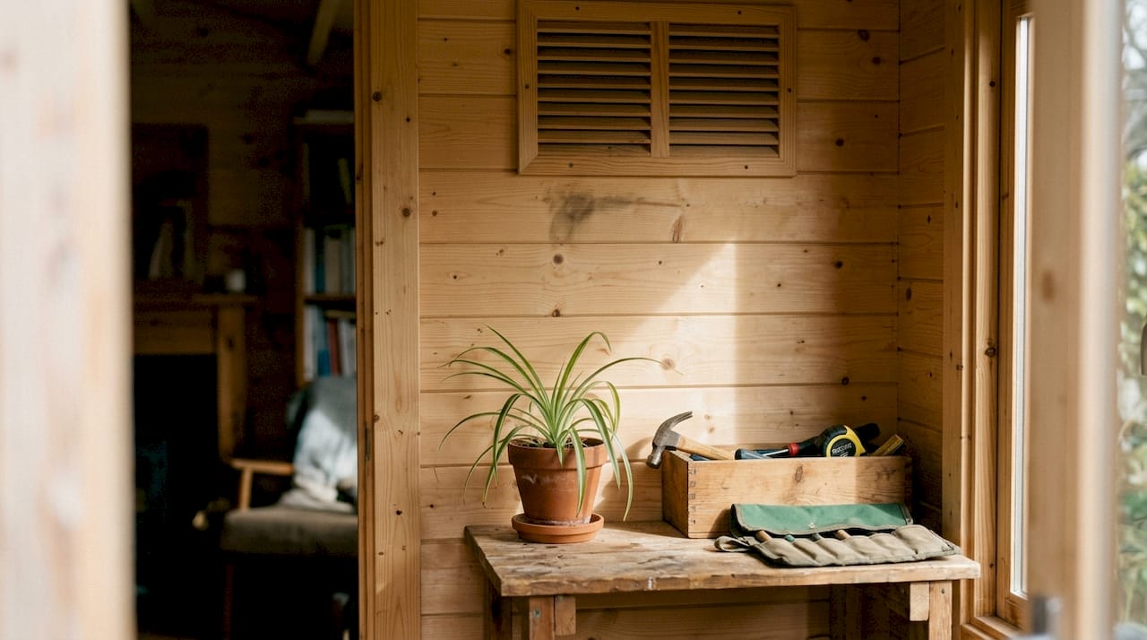 Passive wall vent in wooden garden cabin