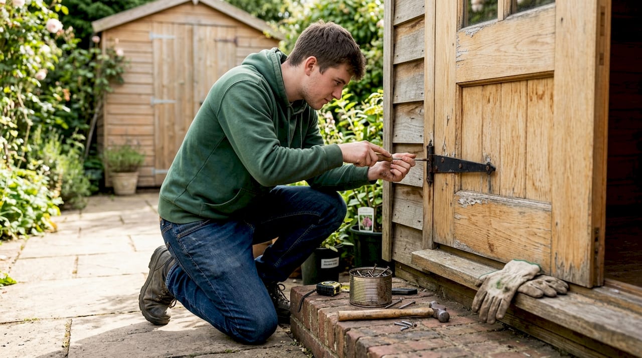 Person securing garden cabin door hinge