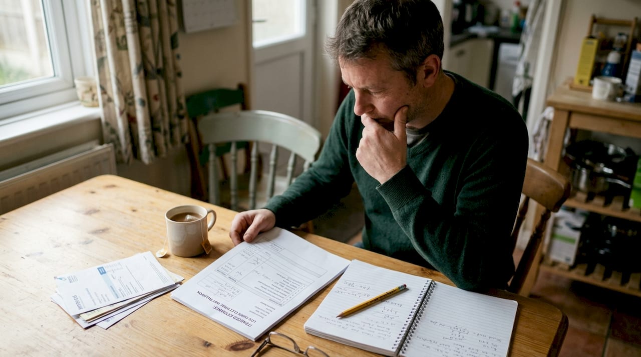 Homeowner reviewing electrical estimate at table