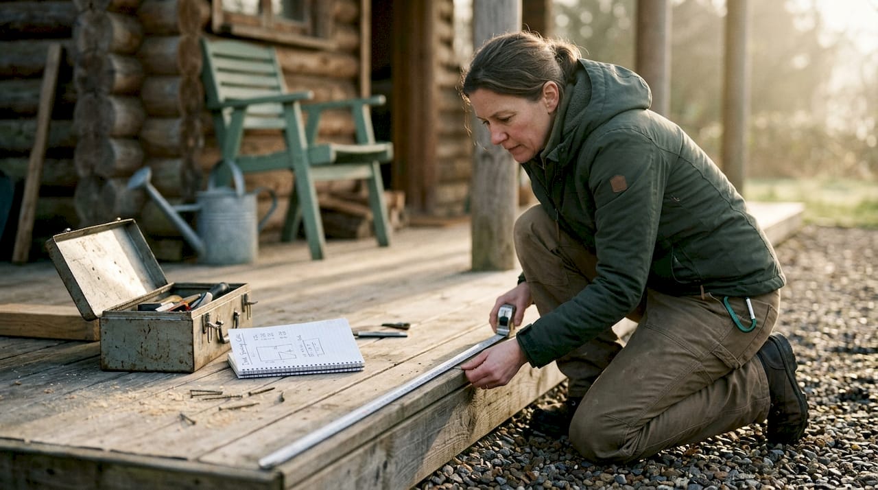 Woman measuring deck boards by log cabin
