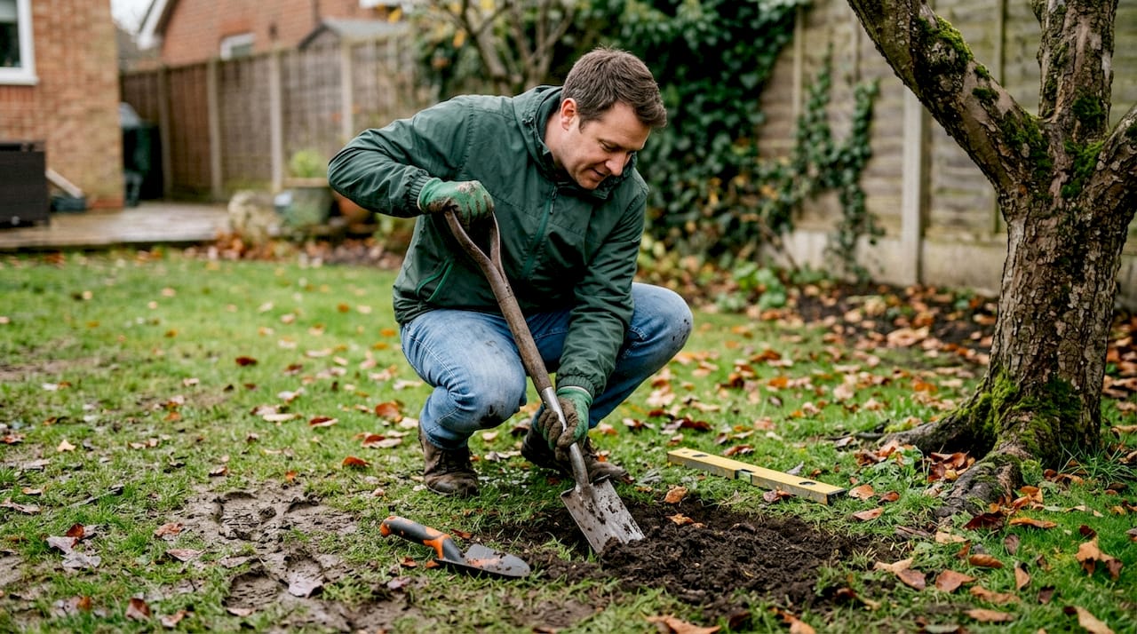 Homeowner checking wet UK garden soil