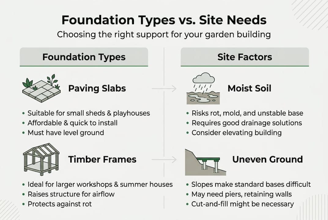 Infographic comparing garden foundation types and site factors