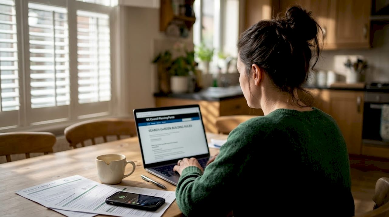Woman researching garden building rules online