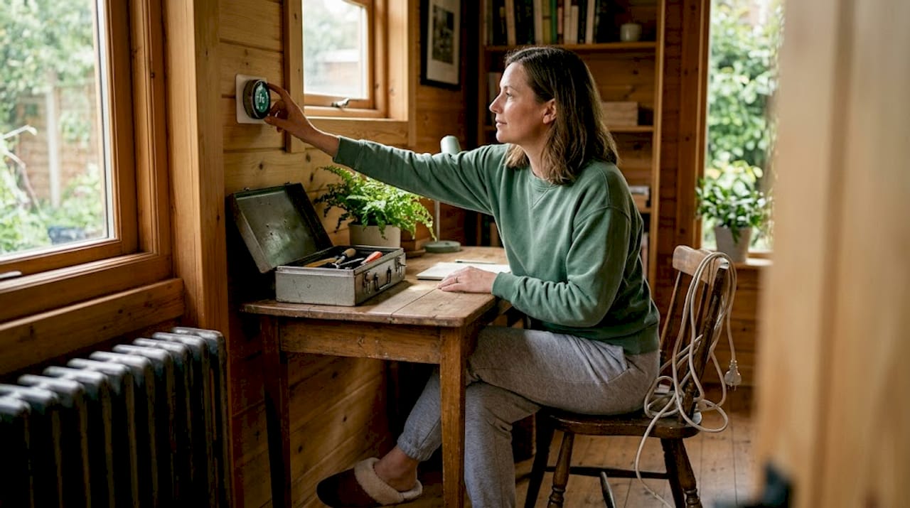 Woman adjusts smart thermostat in garden cabin
