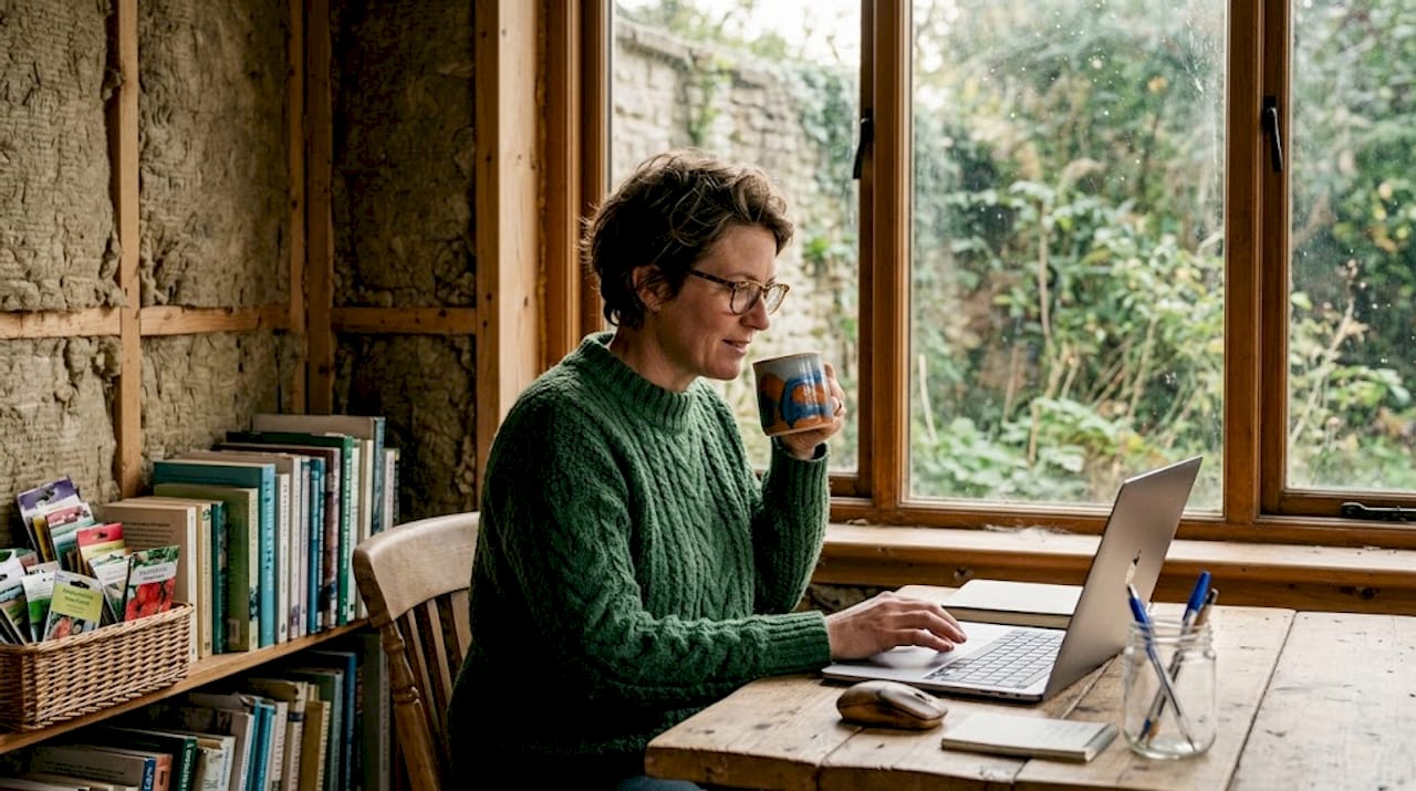 Woman using insulated garden studio workspace