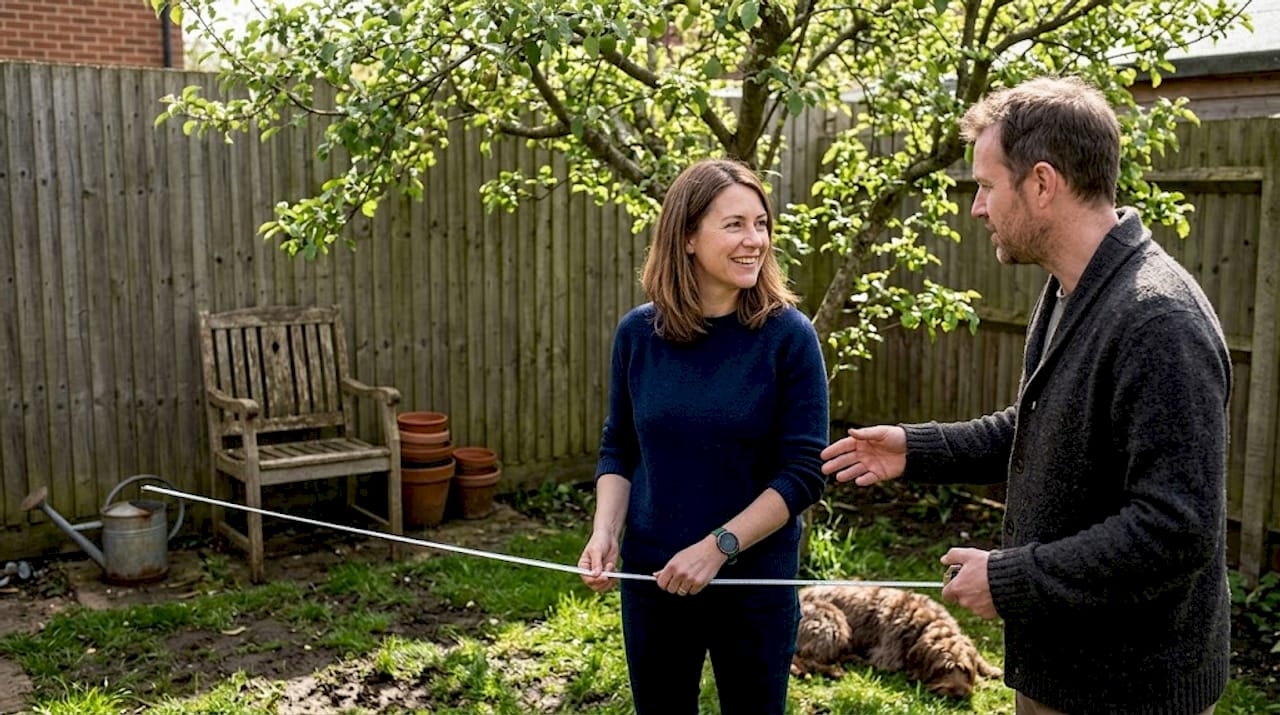 Couple measuring location for garden shed