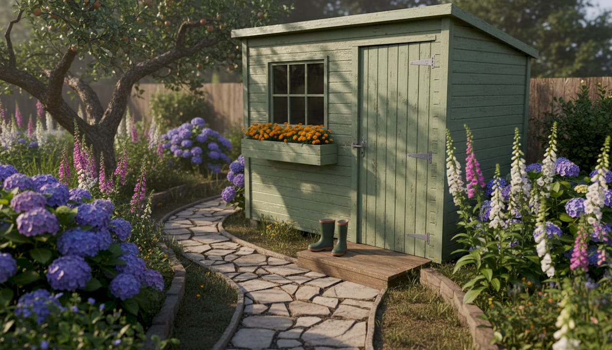 Timber shed blending into UK garden landscape