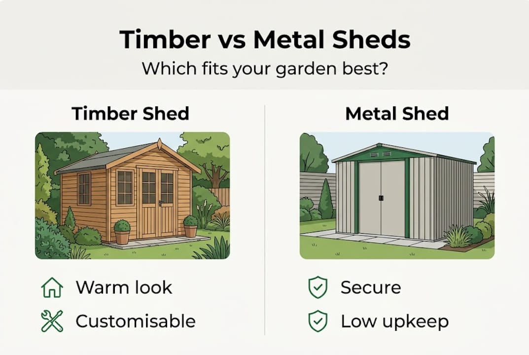 Infographic comparing timber and metal sheds features