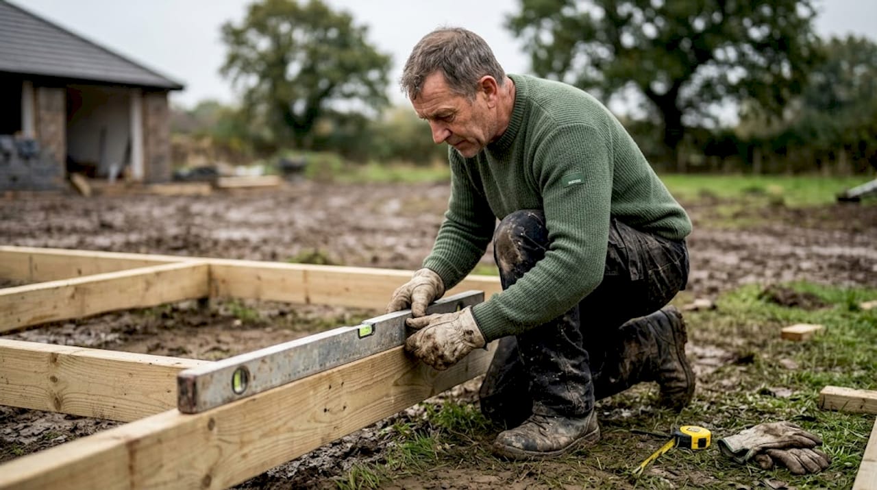 Worker checks level on cabin foundation