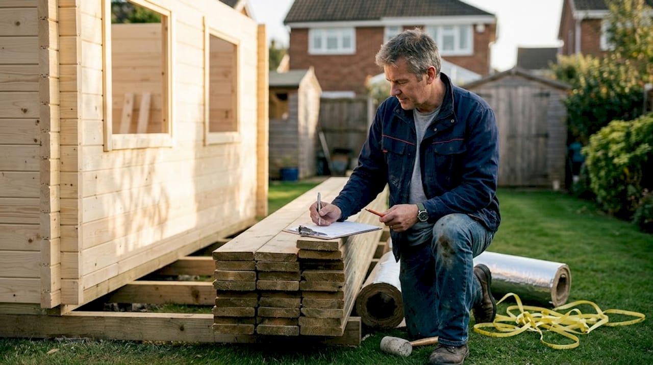 Man checking materials at log cabin site