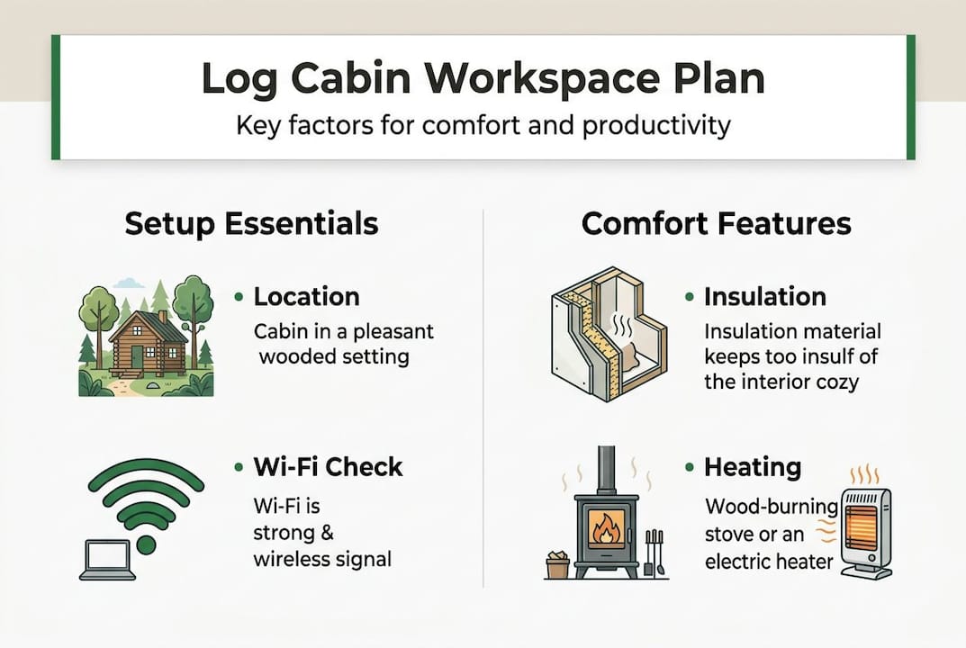Infographic showing log cabin workspace planning essentials