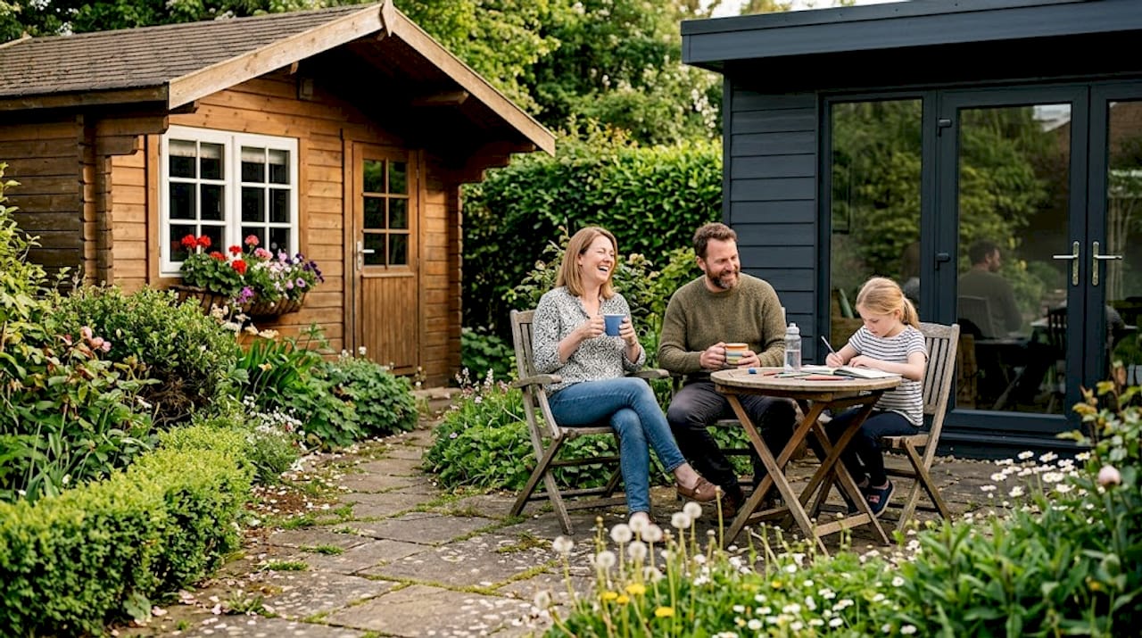 Family relaxing by two prefab garden buildings