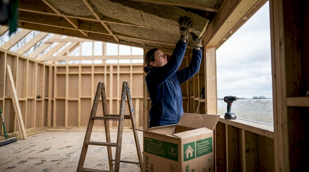 Woman installing mineral wool above workspace
