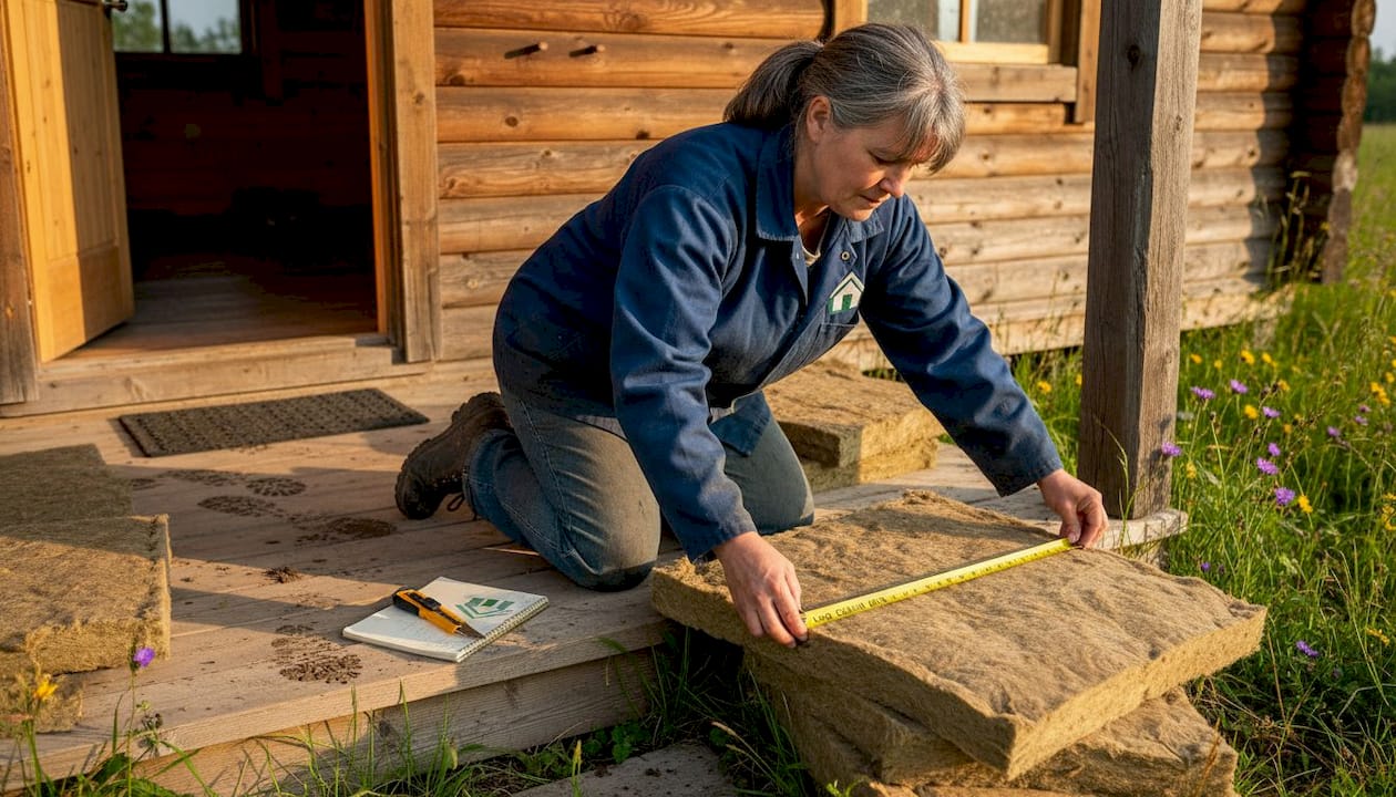 Person measures Rockwool for cabin insulation