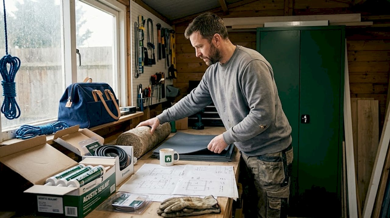 DIYer sorting soundproofing materials in workshop