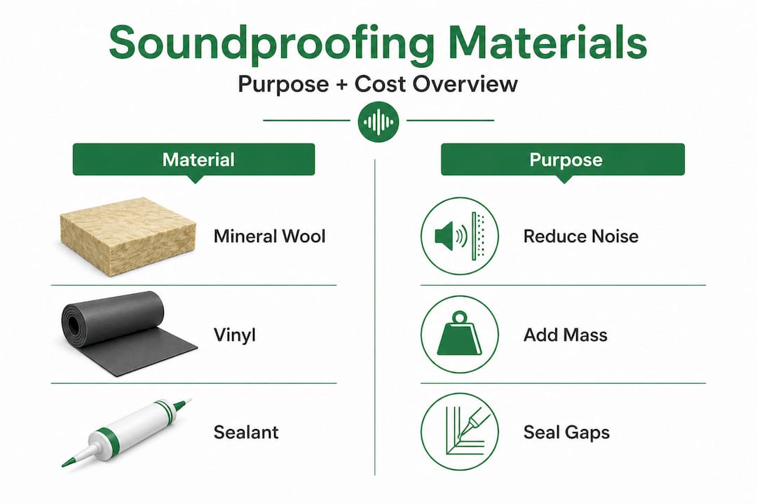 Infographic comparing soundproofing material types and uses