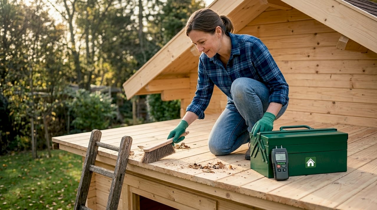 Woman preparing garden cabin roof for install