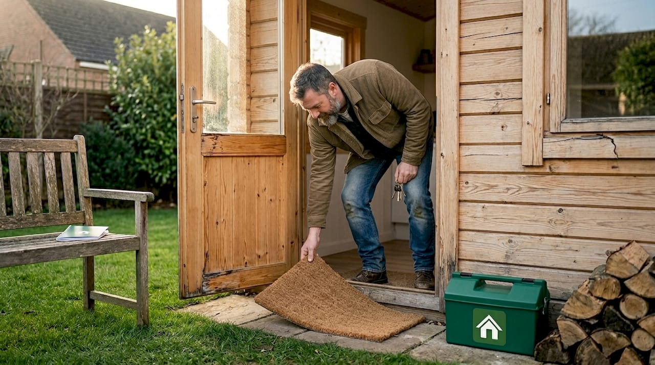 Person entering log cabin through main door