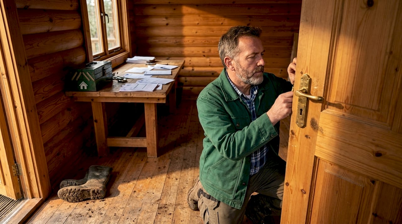 Worker maintaining insulated log cabin door hinge