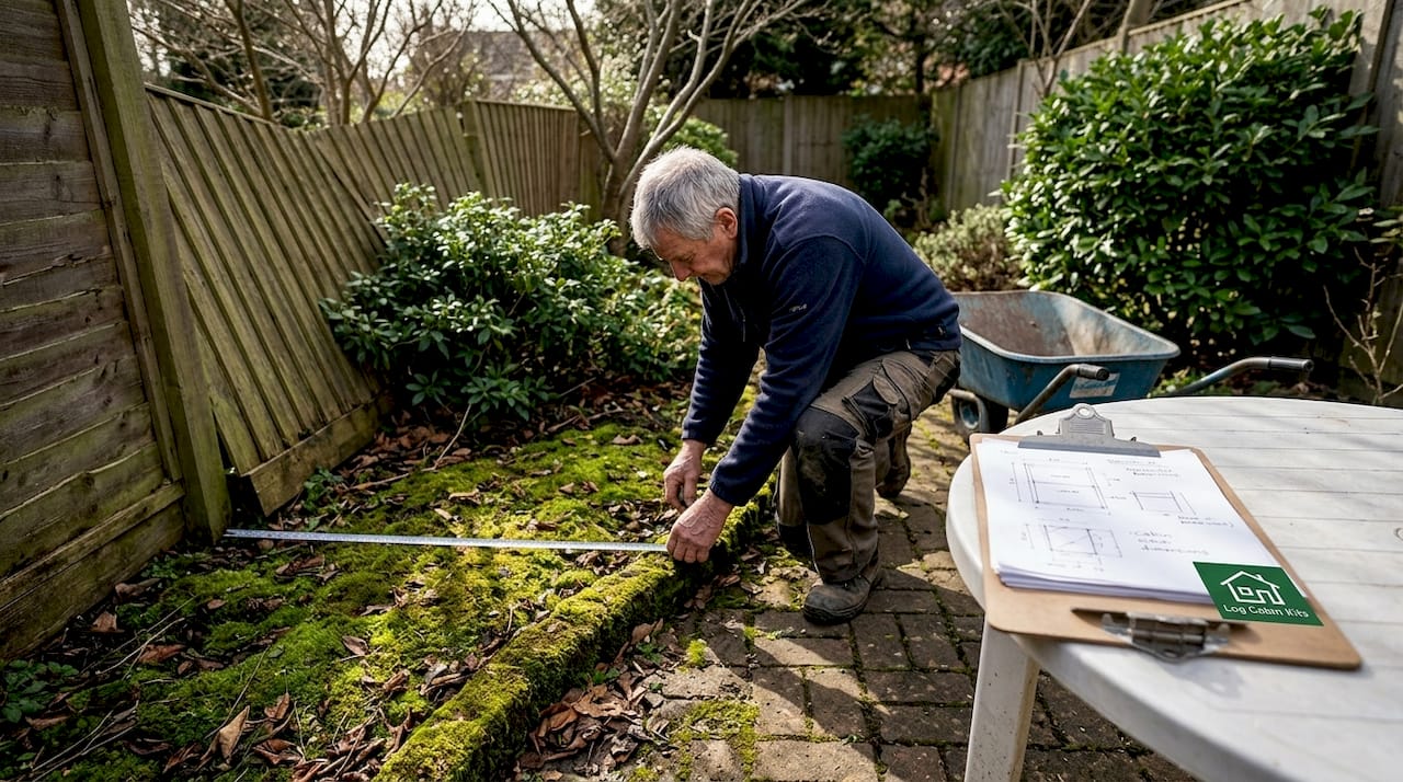 Man measuring irregular garden plot for cabin