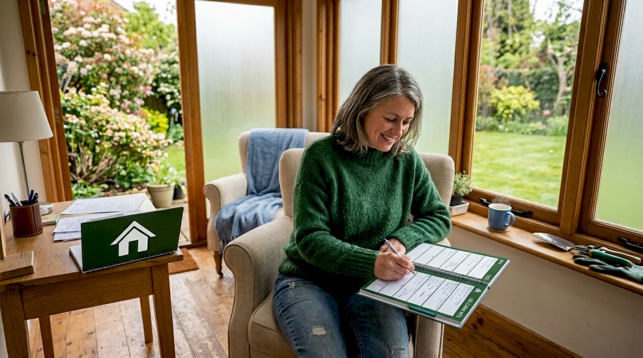Woman working inside custom garden cabin retreat