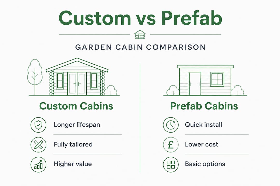 Infographic comparing custom and prefab cabins side by side