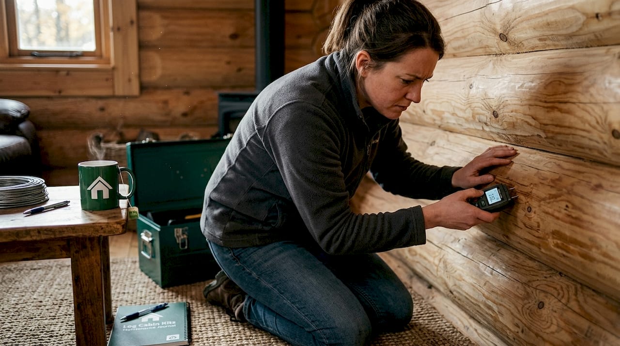 Homeowner using moisture meter on cabin wall
