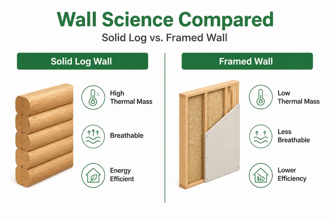 Infographic comparing log wall and framed wall performance